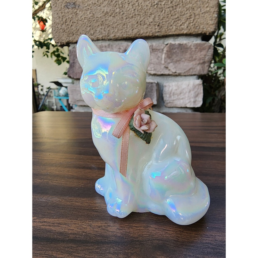 Vintage Fenton Opalescent Iridescent Glass Cat Figurine Pink Bow Rose